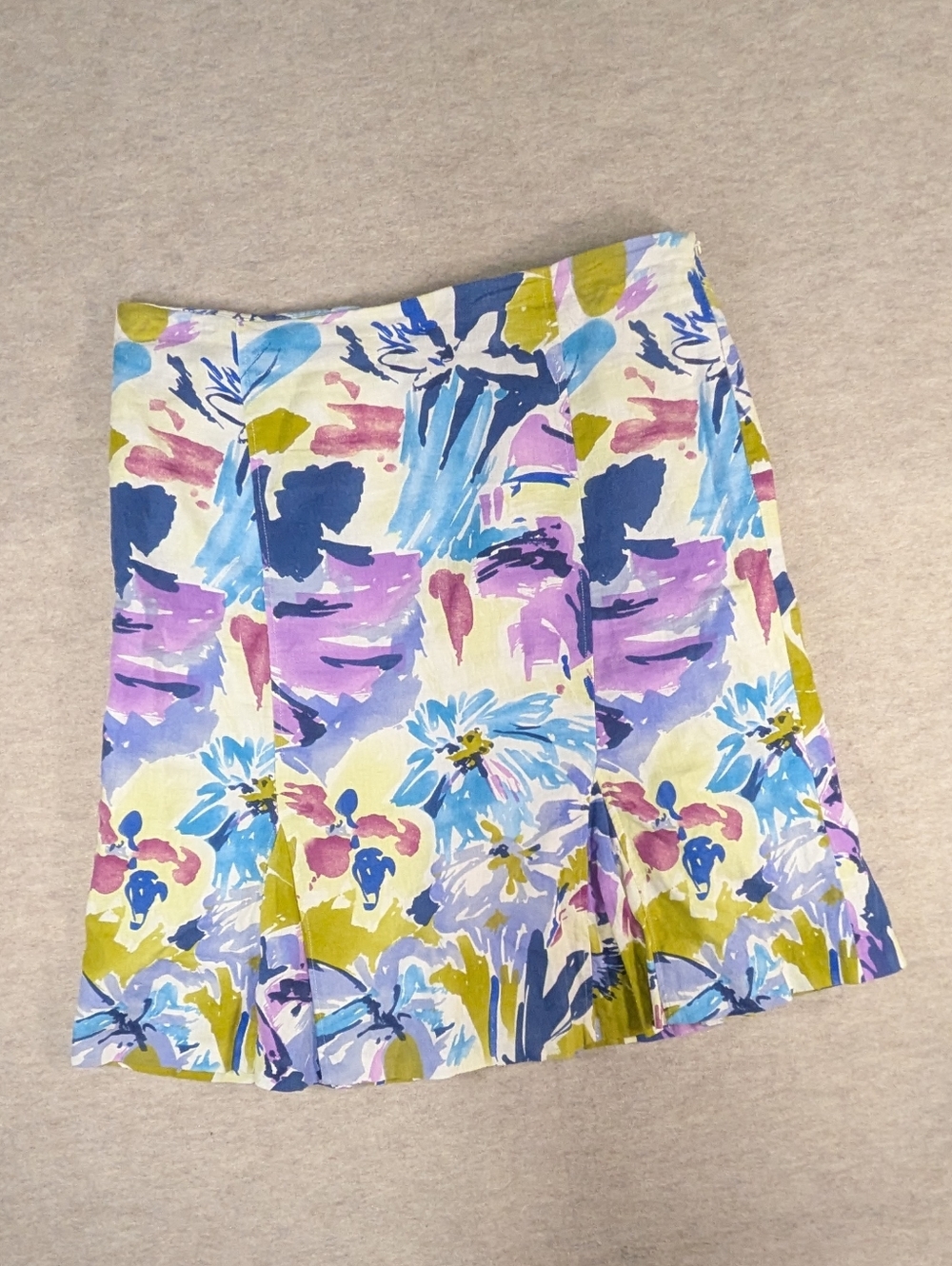 Linen Blend A Line Floral Watercolor Knee Length Skirt Abstract Spring Size 12